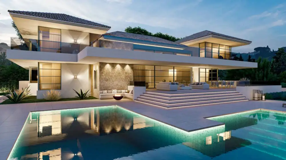 Villa de lujo render exterior fotorrealista